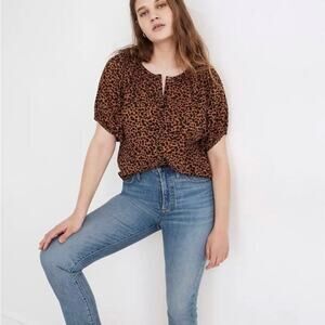 Madewell Balloon-Sleeve Button-Up Top in Painted Leopard Lightweight Sz S